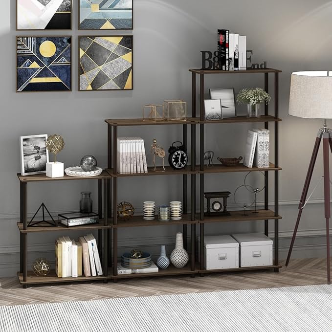 Furinno TURN-N-TUBE Storage Shelves, 4-Tier Toolless Book Shelf, Corner Shelf, Toolless Open Shelves, for Organization and Storage, Living Room, Garage, Home Office, Walnut