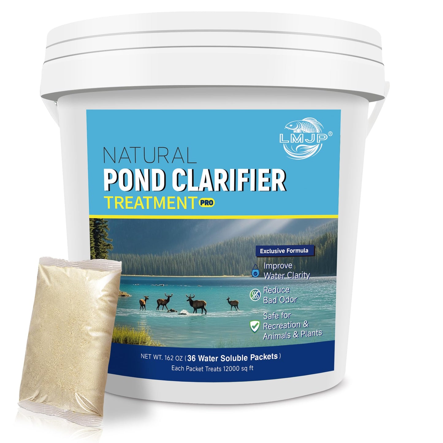 LMJP Pond Clarifier Treatment – 36 Packets Natural Pond Water Clear for Outdoor Lakes – Beneficial Enzymes to Improve Water Clarity & Eliminate Odor – Treats Up to 432,000 Sq Ft