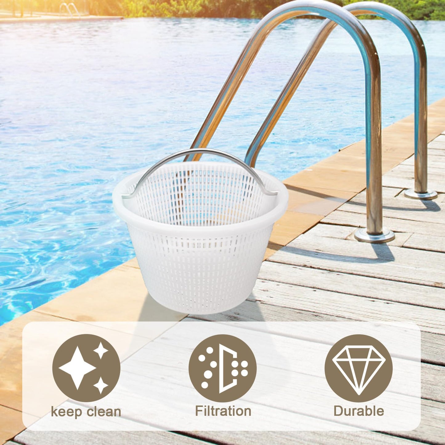 Verplexter Handle Basket Replacement Bermuda Gunite Pentair 516112,Compatible with Waterway Skimmer Basket 542-3240/542-3240B for Renegade Skimmers Pool Basket, Stainless Steel Handle