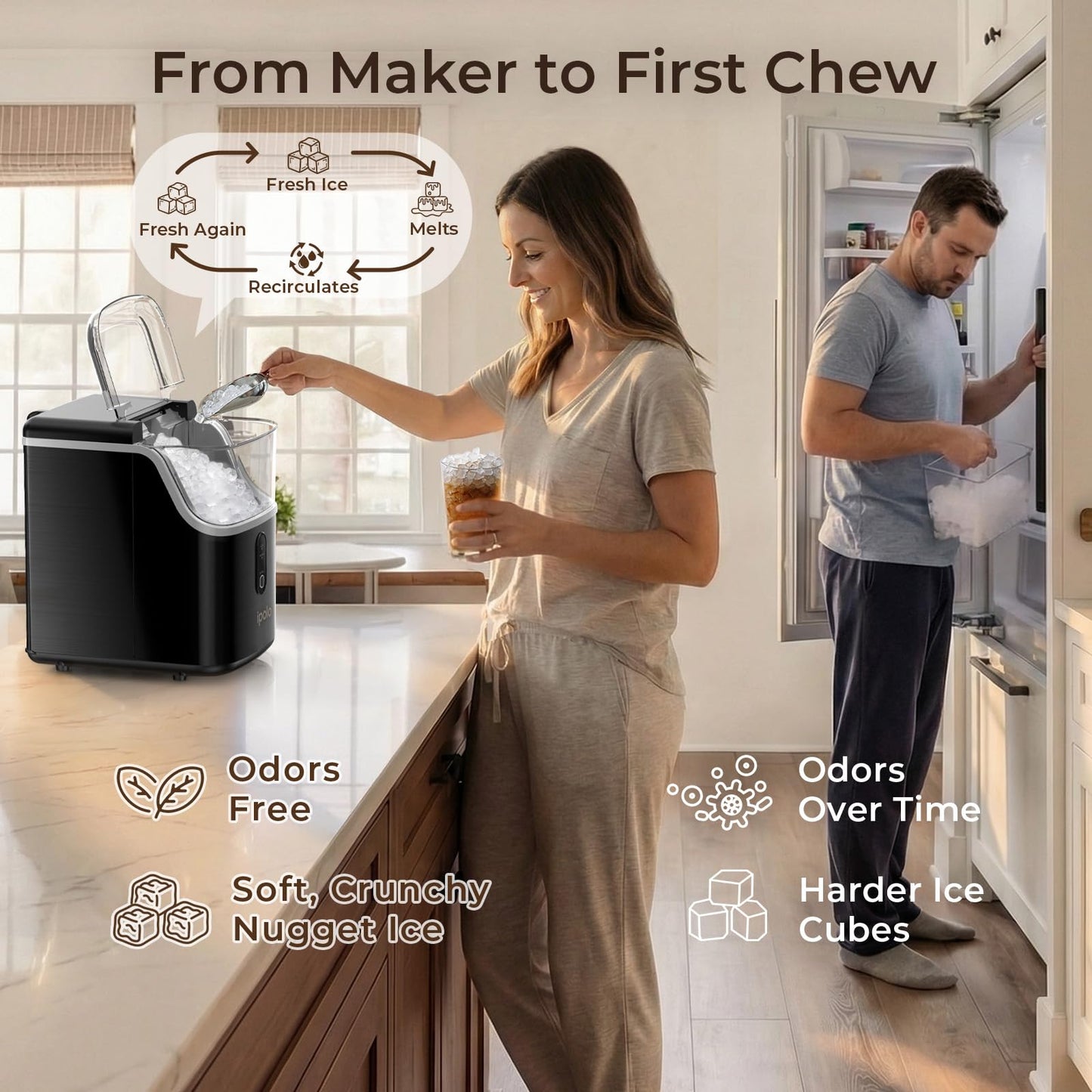 ipolo Nugget Ice Maker Countertop: 33lb/Day, Self-Cleaning, Black Stainless Steel, Portable, Soft Chewable Pebble Ice Machine for Home Kitchen, RV & Office
