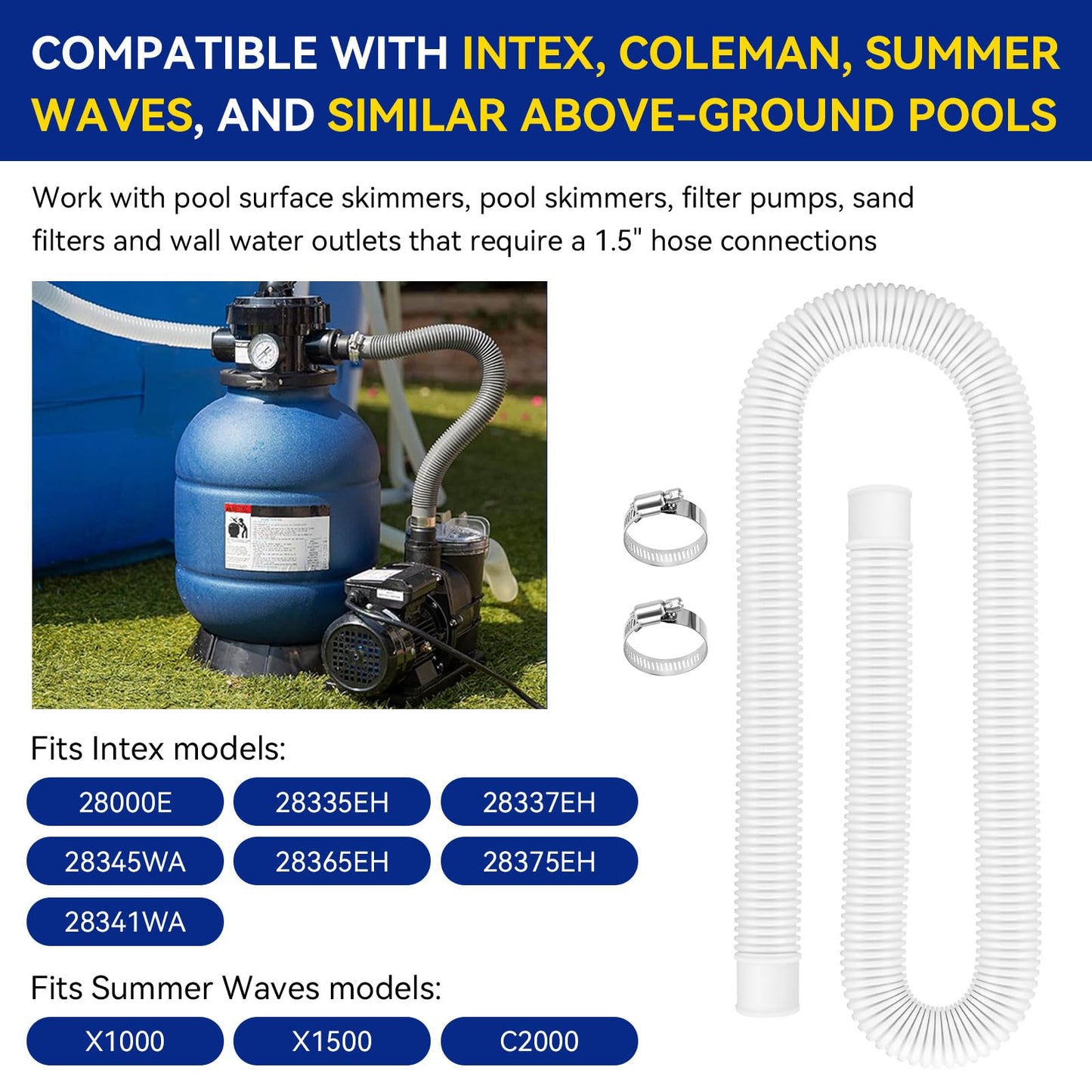 Pool Hoses for Above Ground Pools 1.5" Diameter x 59" Long, 2 Pack 1.5 Inch Above Ground Pool Hose Replacement Compatible with Intex Coleman Surface Skimmer, Filter Pump Hose, with 4 Metal Clamps