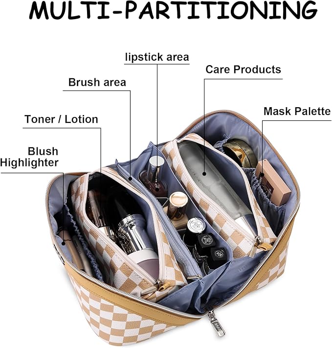 BOYATU Travel Makeup Bag Organizer Cosmetic Bag: 3 Pcs Set Make up Bags for Women with Handle - Waterproof Vegan Leather Toiletry Bag (01-G-Apricot)