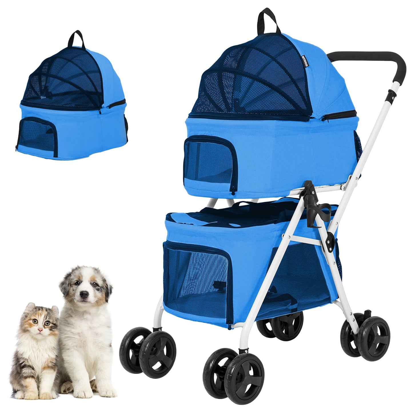BETSOCCI Double Dog Stroller with 2 Detachable Carrier, Portable Pet Stroller for Small Dogs & Cats Folding Lightweight Puppy Travel Carriage, 4 Wheels, Azure