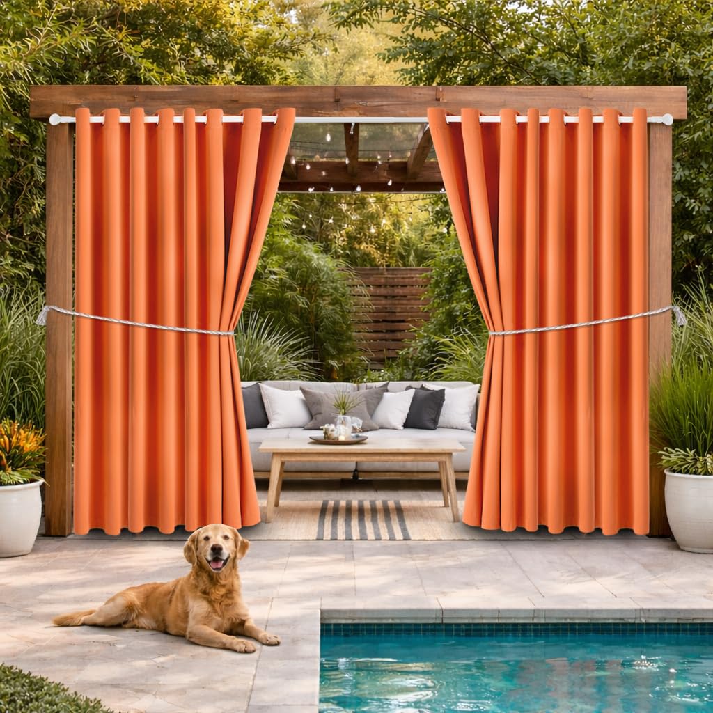 Waterproof Outdoor Curtain W105 x L108 - Grommet Top Sunlight Blocking Window Treatment Drapes Blackout Curtains for Home Bedroom Living Room Outdoor Patio Porch Pergola, Orange, 2 Panels