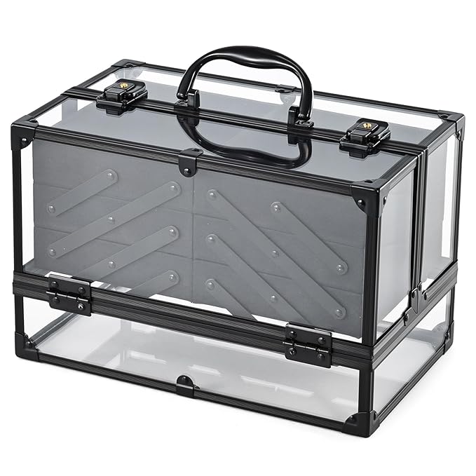 FRENESSA Portable Makeup Case Cosmetics Display Cases Toiletry Organizer Box Transparent Acrylic Artists Train Case with 6 Trays Travel Makeup Tools Storage for Vanity Counter Dresser Organizer Black