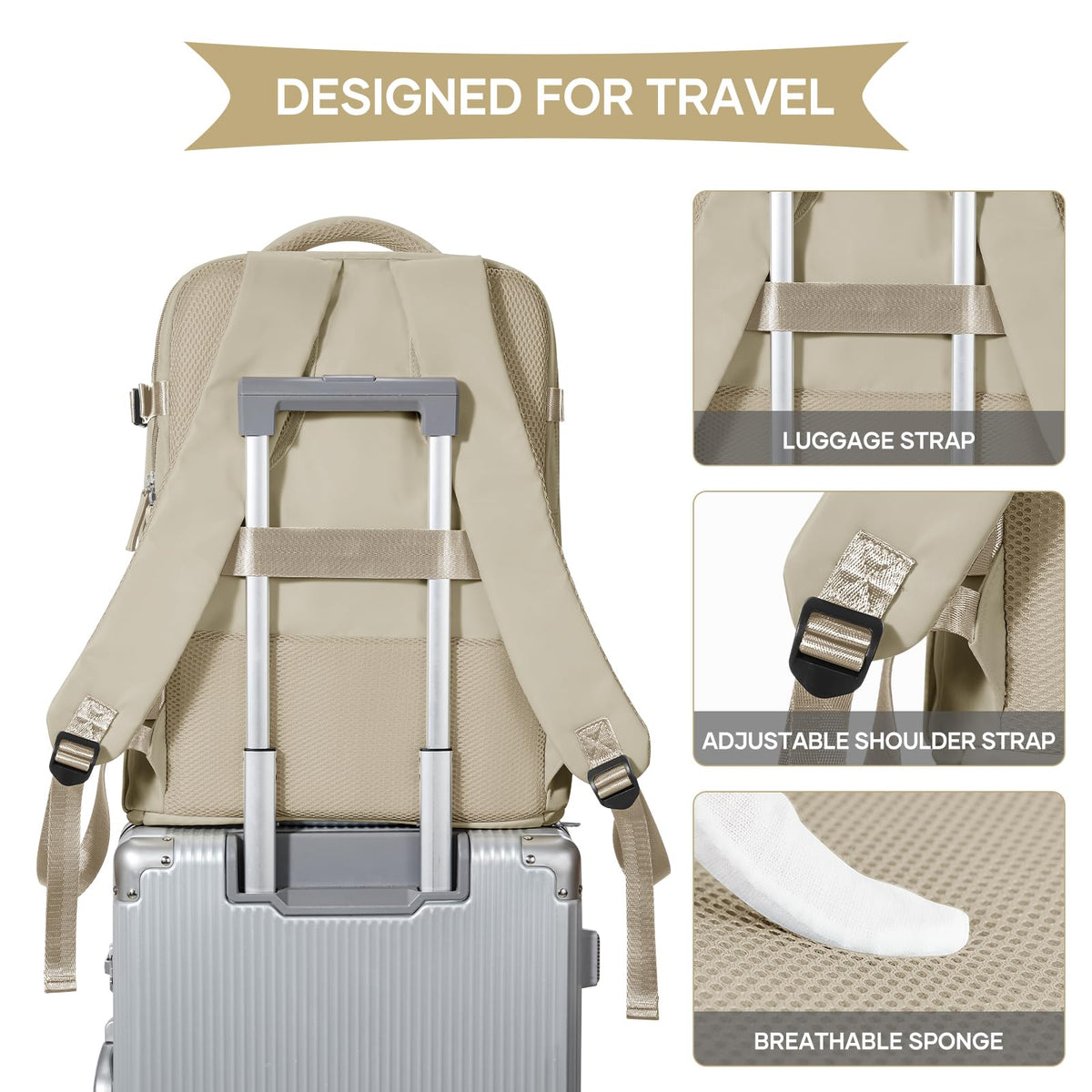 coowoz Large Travel Backpack For Women Men,Carry On Backpack Flight Approved,Hiking Backpack Waterproof Outdoor Rucksack Casual Daypack Fit 15.6 Inch Laptop Shoes Compartment (Khaki-L)