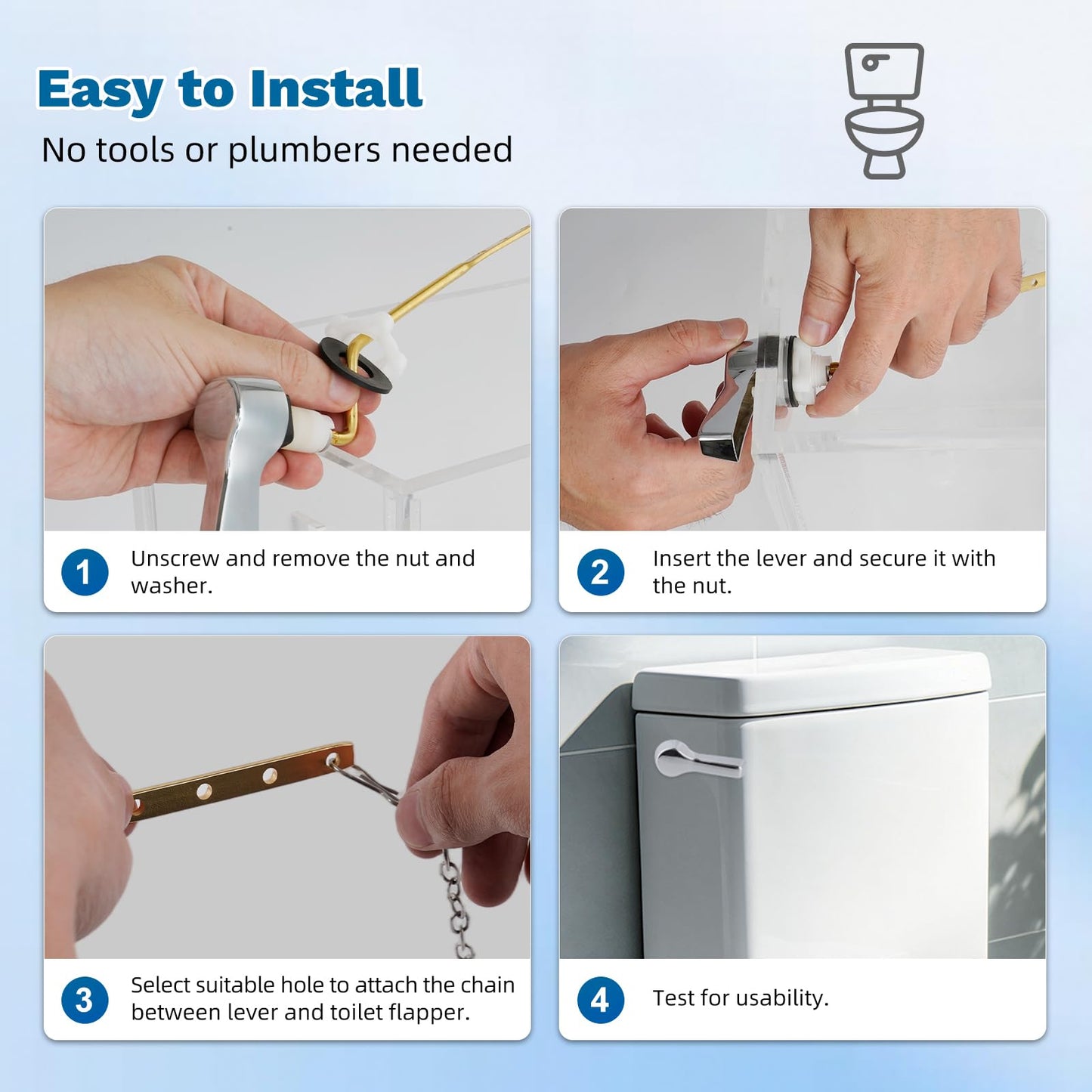Hibbent 2 Pack Universal Metal Side Mount Toilet Handle with Stainless Steel Flapper Chains, Brass Toilet Flush Lever Replacement Kit with 4 Adjustable Holes for Most Side-Mount Toilets, Chrome Finish