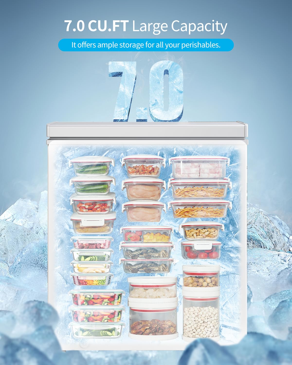 Muhub 7.0 Cubic Feet Chest Freezer, White Deep Freezer with Removable Baskets, Free Standing Top Open Door Compact Freezer with Adjustable Temperature (7.0 Cu.Ft)