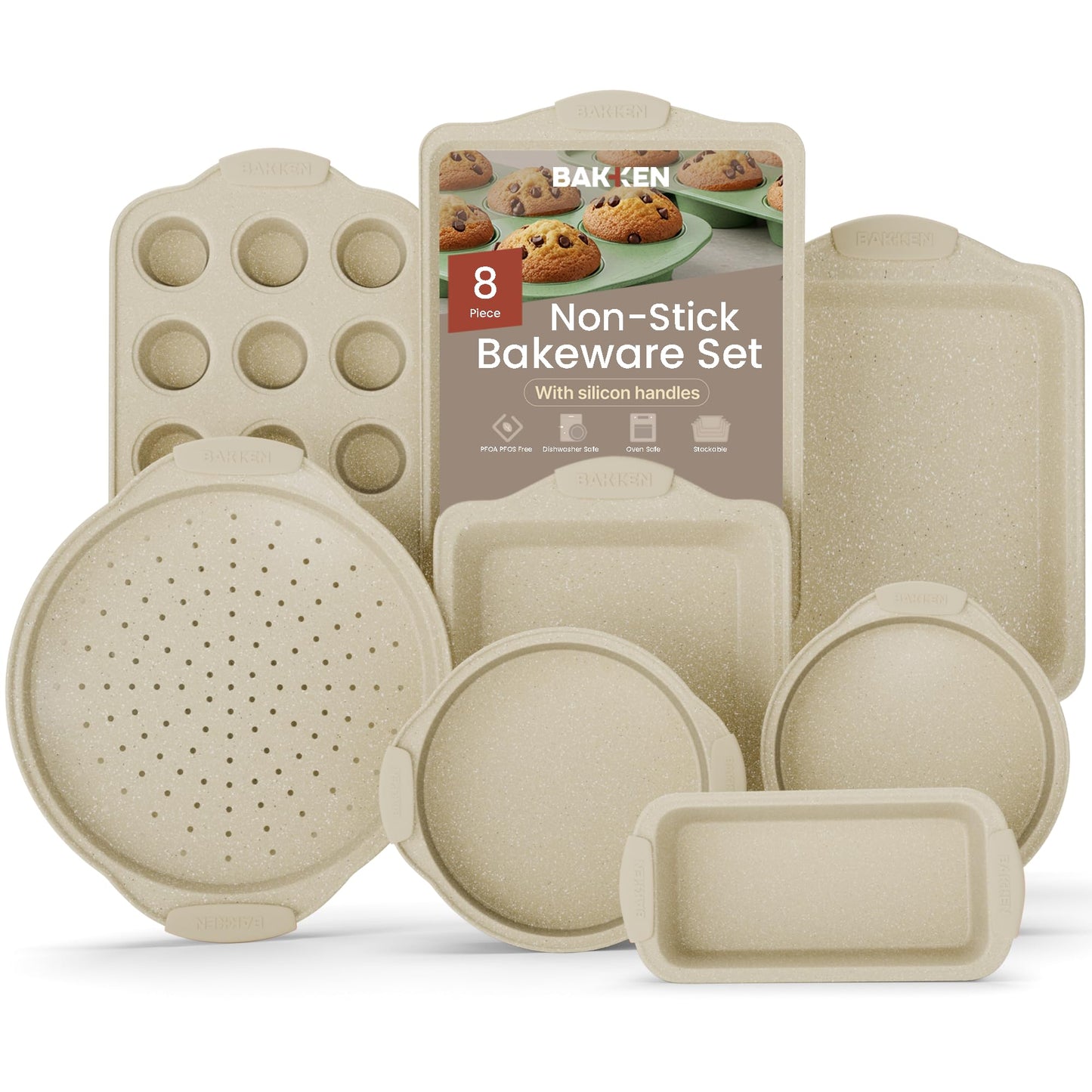BAKKENMASTER Deluxe 8-Piece Carbon Steel Bakeware Set - Nonstick White Marble Coating, Silicone Handles - Professional Quality Kitchen Oven Baking Pans
