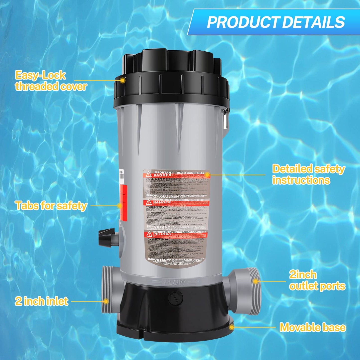 CL200 Inline Automatic Pool Chlorinator Feeder, Compatible with Hayward CL200 In-Ground Pools, Fits 1-1/2" Inner & 2" Outer Thread PVC Pipe, Large Capacity Chlorine Tablet Dispenser