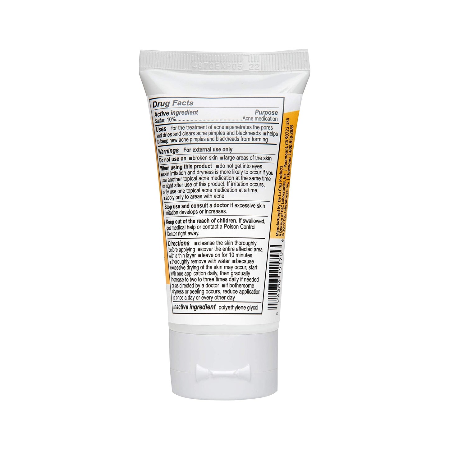 De La Cruz Sulfur Ointment - Cystic Acne Treatment for Face and Body - Daily 10 Min Hormonal Acne Spot Treatment Mask - Safe and Effective Ointment that Clears Up Pimples - 2.6 OZ Tube, 2-Pack