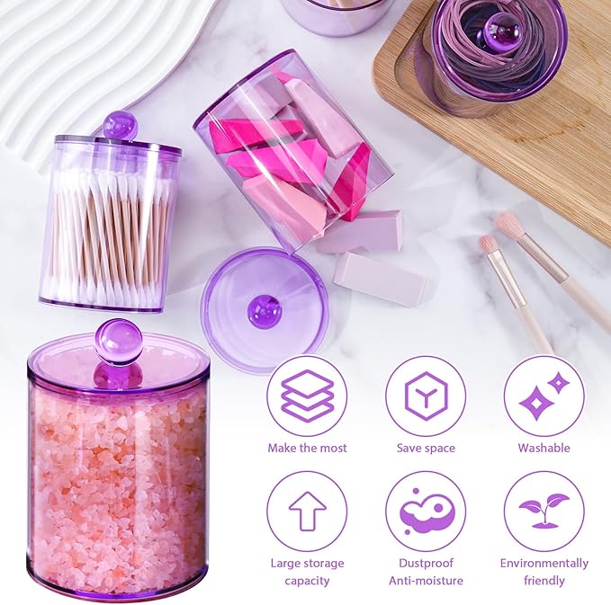 XIPENGKEJI 2 Pack Qtip Holder,Canister Apothecary Jar Set, Bathroom Jars with Lids Set for Cotton Swabs, Balls, Pads, Floss Picks,10oz-12oz Plastic Canisters Restroom Bedroom Vanity Organizer(Purple)