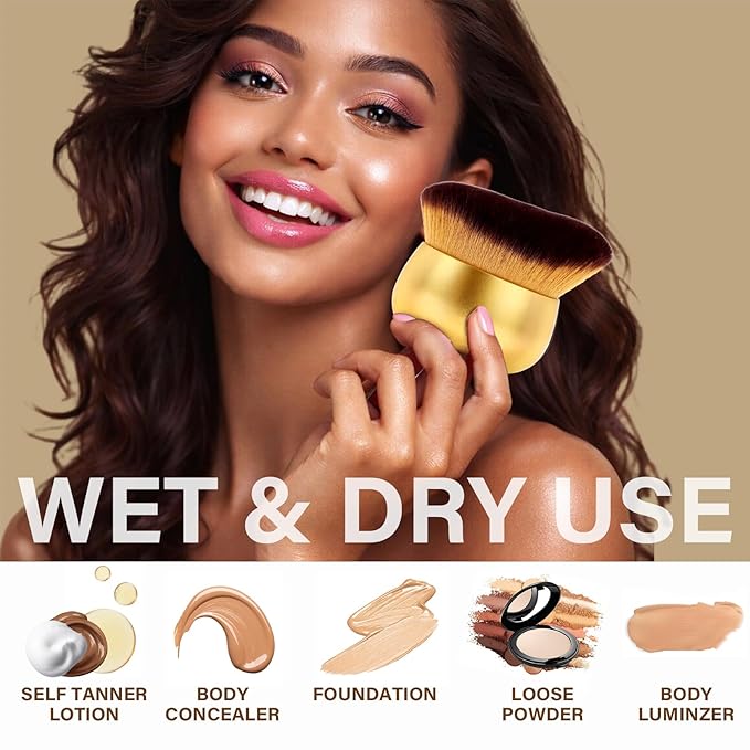 Extra Large Body Makeup Brush For Self Tanner, Leg Makeup &Bronzer Blend,75 mm Wide-headed Kabuki Brush Provides More Even& Pretty Application, Sunscreen Face&Back Makeup Brush, Wet&Dry Use- Gold