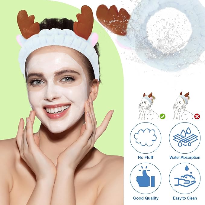 Jowmoy Cute blue antlers Headband Frog Eye Elastic to Wash Face for Women Makeup Shower Spa.