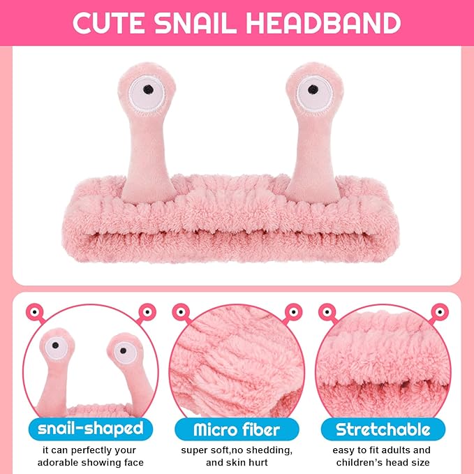 DragonflyDreams 4 Packs Snail Head Bands, Headband for Washing Face, Snail Spa Hair Bands Skincare Makeup Headbands Women Cartoon Cute Coral Fleece Elastic Headband Creative Hair Accessories for Women
