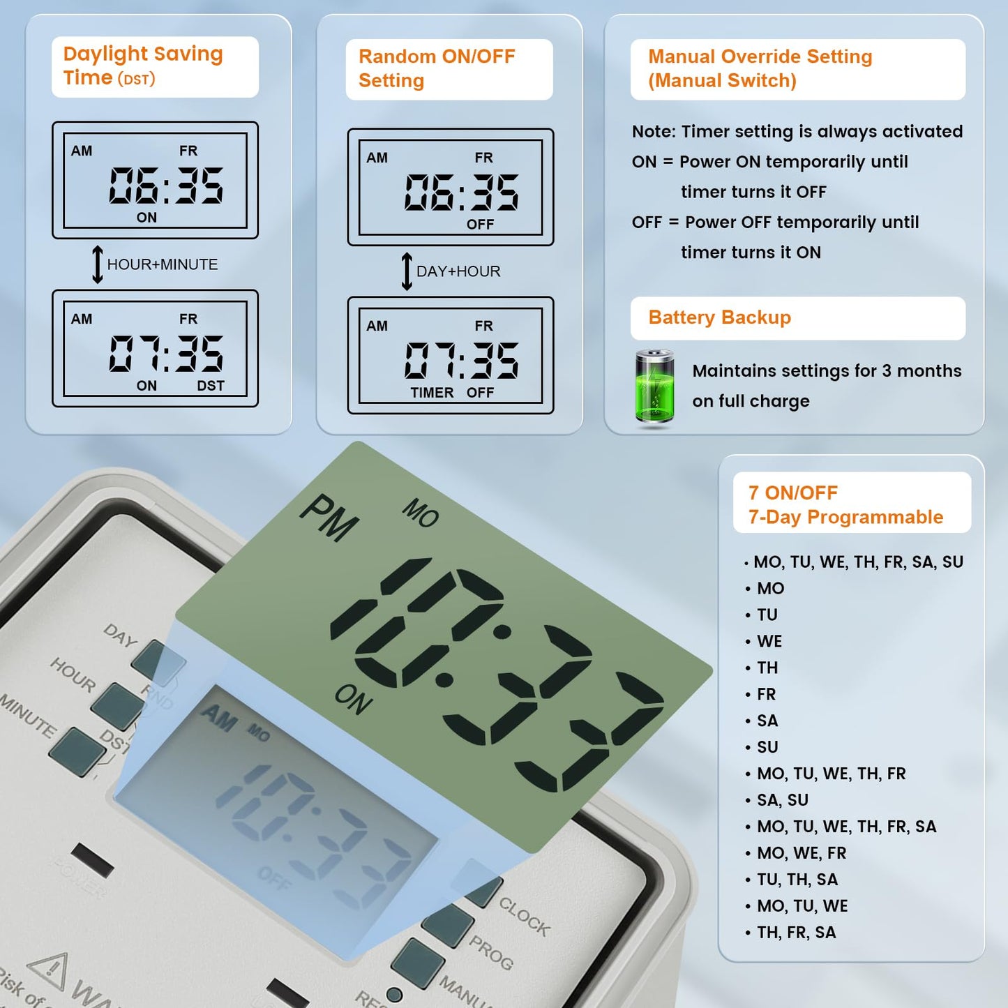 SURAIELEC Pool Timer, 7-Day Digital Pump Timer Switch, 40 AMP Heavy Duty, 120/240/277 VAC, 2HP Programmable Switch Box for Swimming Pool, Hot Water Heater, Lights, Outdoor/Indoor Use