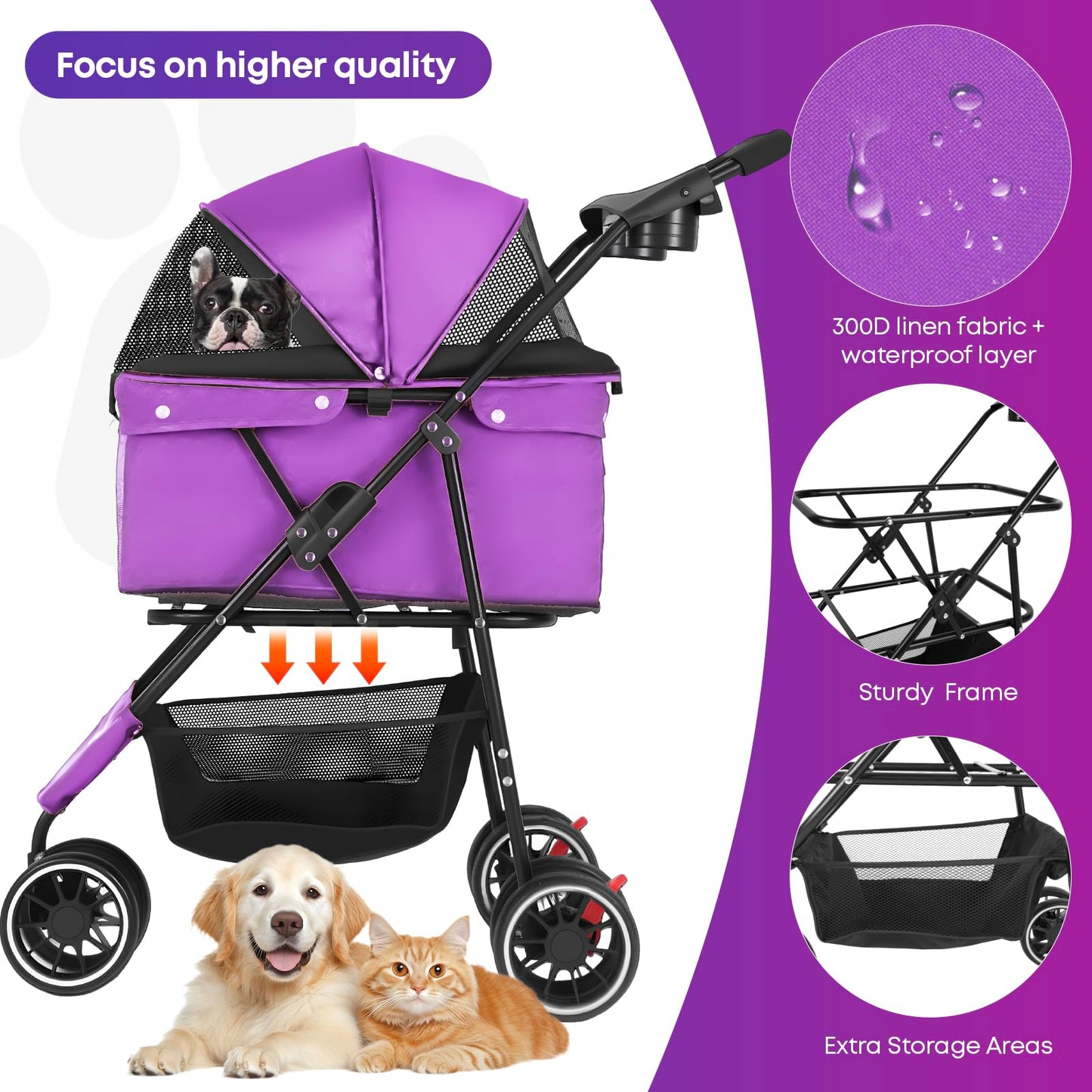 Pet Stroller,Dog Stroller for Small Medium Dogs Cats,3 Wheels,Foldable,with Breathable Mesh Canopy,Cup Holders,Easy Assembly,Purple