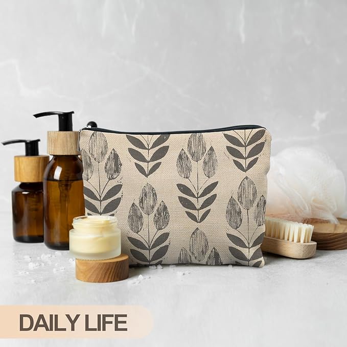 Vintage Boho Beige Floral Makeup Bag, Modern Farmhouse Green Tulip Flower Cosmetic Bags for Women, Contemporary Leaf Botanical Zipper Makeup Pouch