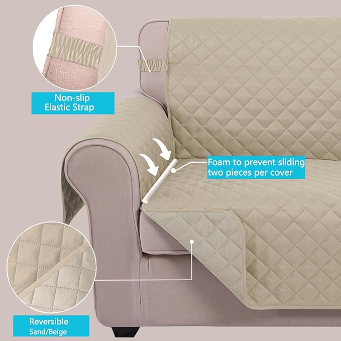 U-NICE HOME Reversible Sofa Cover Couch Cover for Dogs with Elastic Straps Water Resistant Furniture Protector for Pets Couch Cover for 3 Cushion Couch (Sofa, Sand/Beige)