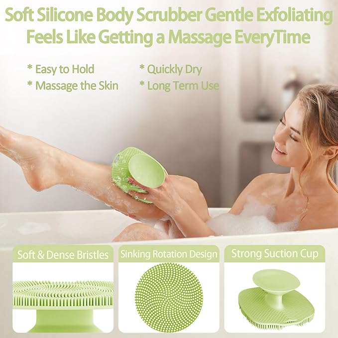 Soft Silicone Body Scrubber, Gentle Like a Hand Exfoliating Your Skin and Build Up Lather Easily, Back Large Suction Cup Easy to Store, Long-Lasting & Deep Clean (Green)
