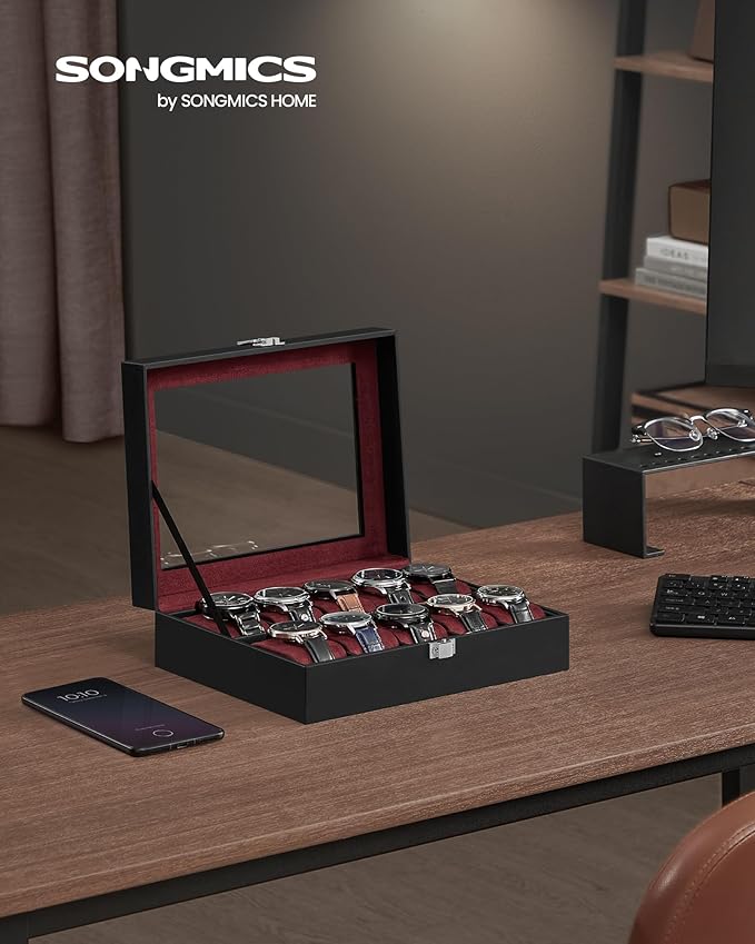 SONGMICS Watch Box, 10-Slot Watch Case Organizer with Large Glass Lid, Removable Pillows, Gift for Loved Ones, Black Synthetic Leather, Wine Red Lining UJWB010R01