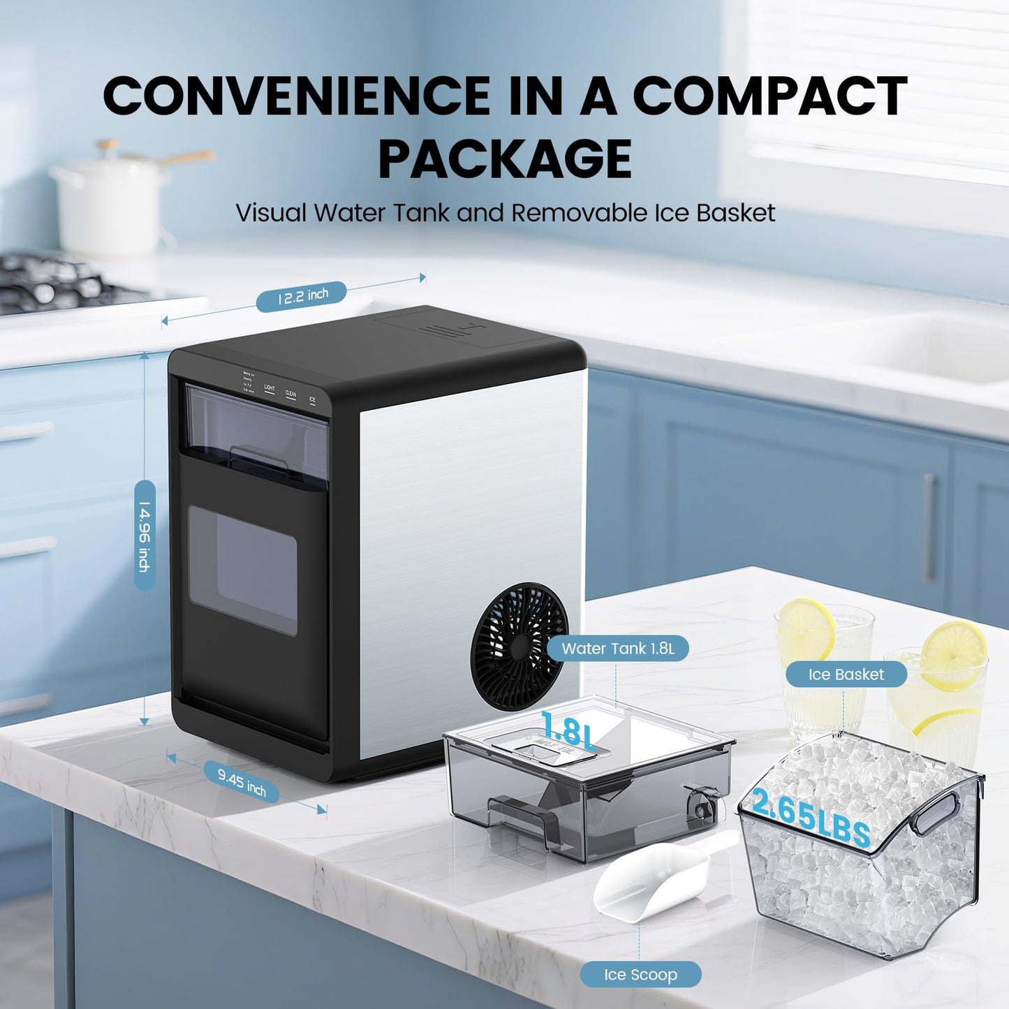 COWSAR Nugget Ice Makers Countertop, 44Lbs/24H Crushed Ice Maker & Pebble Ice Machine, Pellet Ice Makers with Ice Scoop &Removable Basket,Sonic Countertop Ice Machine for Home/Kitchen/Office