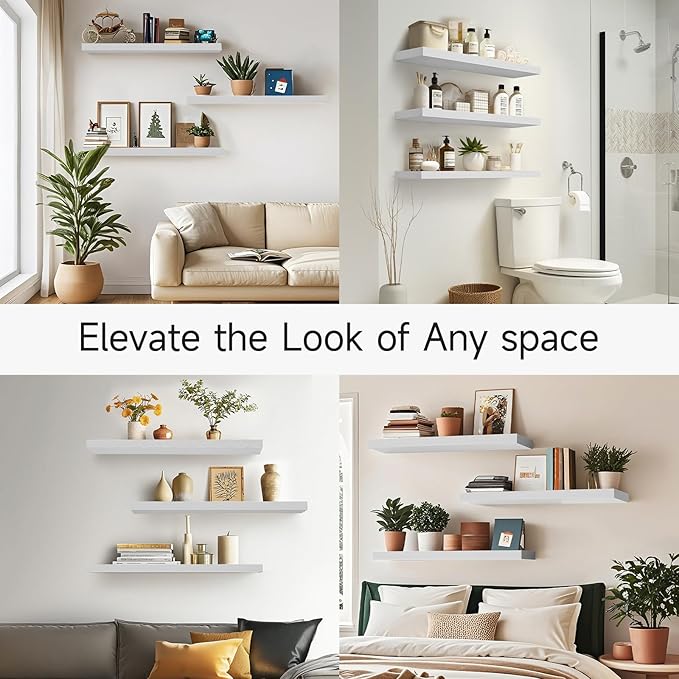 BAYKA White Floating Shelves for Wall, Set of 3, 36 Inches Long Wall Mounted Rustic Wood Shelves for Bathroom, Bedroom, Living Room or Kitchen, Hanging Shelf for Book/Storage/Decor, 30lbs Capacity