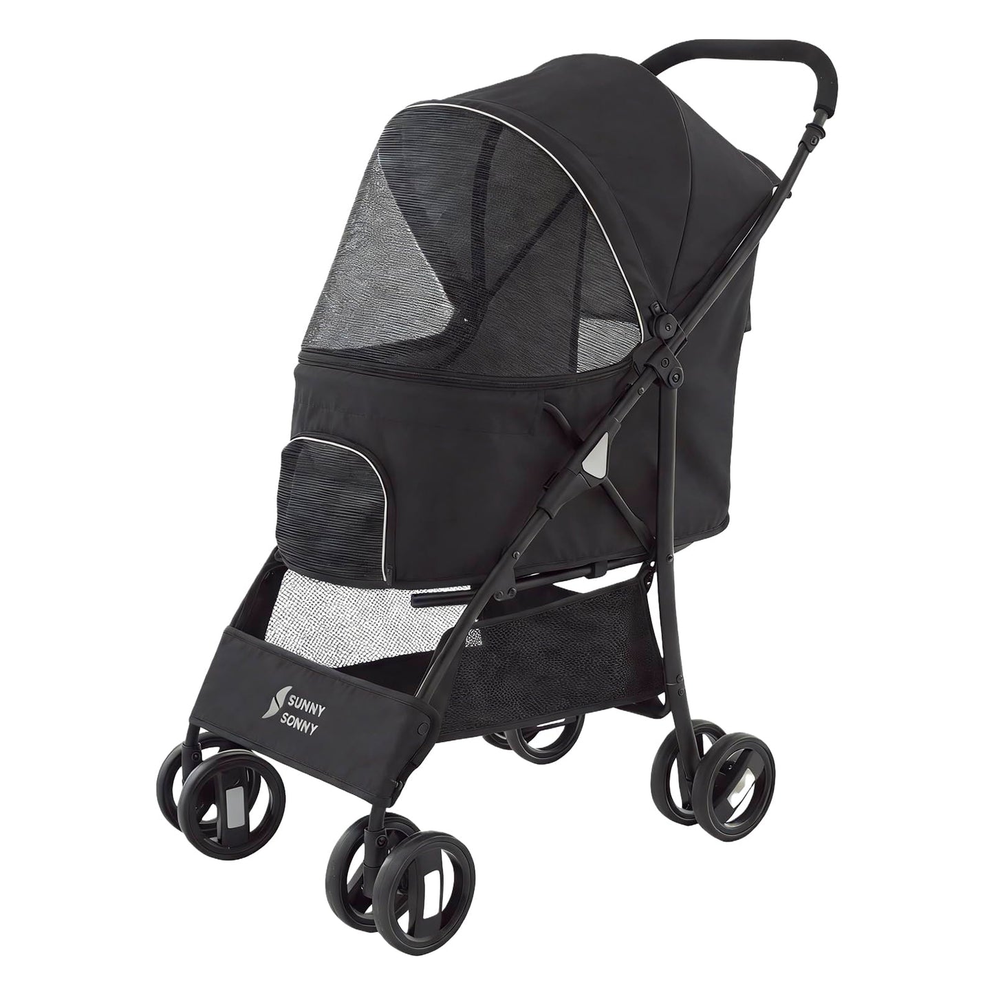 4 Wheels Pet Stroller,Easy-Foldable Dog Cat Cage Jogger Stroller with Weather Cover for All-Season,Storage Basket and Visible Mesh for Small/Medium Pets up to 33lbs (Black)