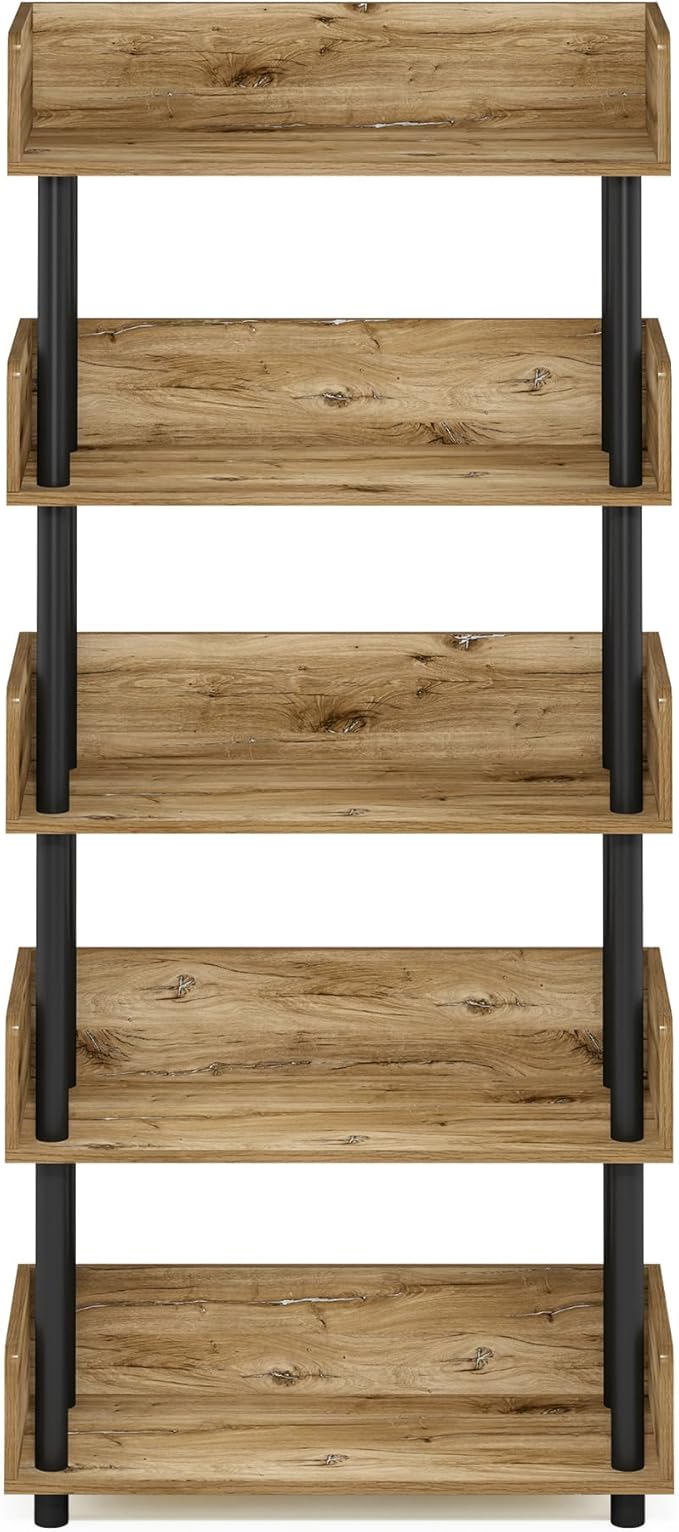 Furinno TURN-N-TUBE 5-Tier Display Shelf, Storage Shelves, Book Shelf, Open Shelves with Rounded Corner Top Edges, for Organization and Storage, Living Room, Home Office, Flagstaff Oak