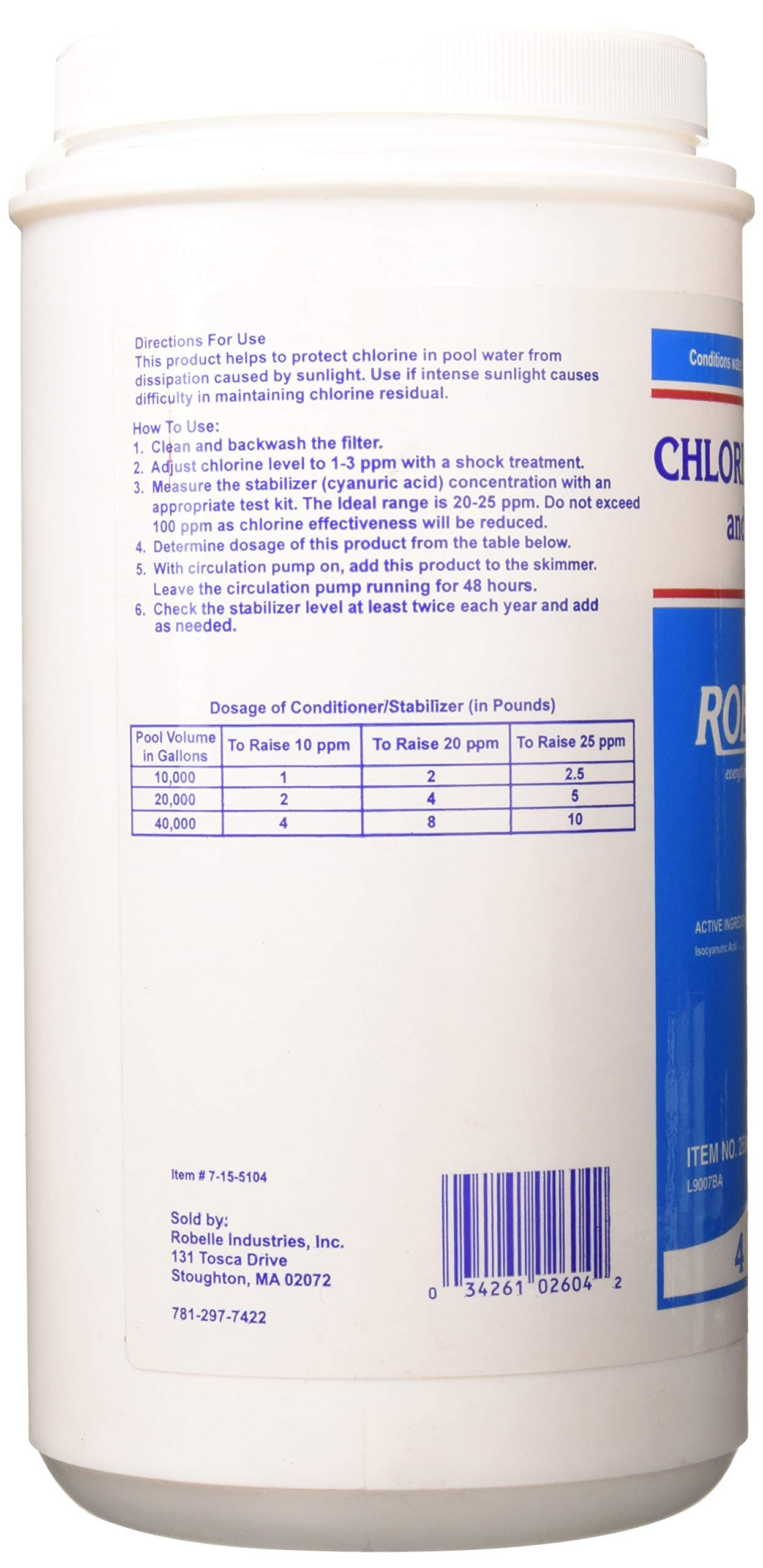 Robelle 4-Pounds Premium Chlorine Stabilizer and Conditioner, Concentrated Cyanuric Acid for Pools, Pool Stabilizer, Helps Chlorine Last Longer, Made in USA