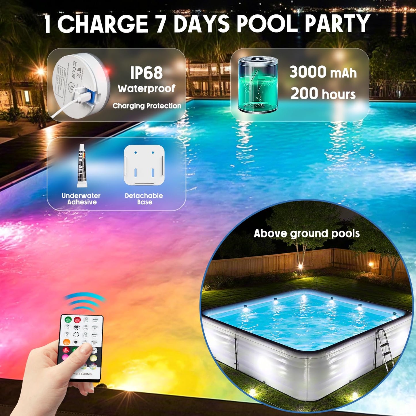 Underwater Pool Lights for Above Ground Pools and Inground Swimming Pools with Remote Timer Off, Magnet RGB Submersible LED Lights Rechargeable Spotlight 16 Colors 9-Mode, Hot Tubs, Fountain -4Pack