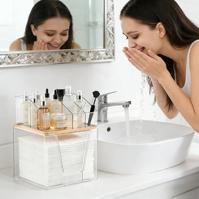 2 in 1 Disposable Facial Towel Holder and Cosmetic Organizer, Clear Storage with Bamboo Lid Compatible with Clean Skin Club Towel XL, Stackable Vanity Organizer for Bathroom Vanity Counter (2 Pack)