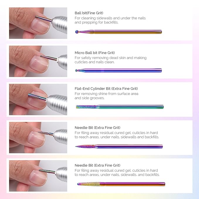 MelodySusie 10pcs Nail Drill Kit, 3/32 Inch Diamond Cuticle Bits, Manicure Pedicure Remover Tools, Salon Home Nail Care Supplies, Rainbow