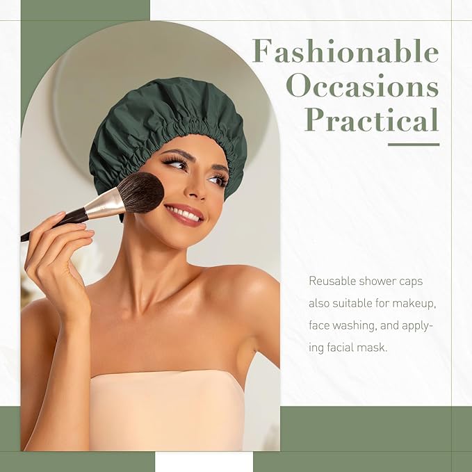 Reusable Shower Cap for Women, Large Waterproof Shower Bonnet with Elastic Band, Washable Bath Hair Cap for Long, Curly Hair, Braids, Daily Shower, Home Spa, Travel(Dark Green)