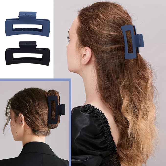 8 Pcs Large Hair Claw Clips 4.1 Inch Non-slip Big Square Matte Hair Claws for Women, Strong Hold Banana Clip for Thick Thin Hair (Black/Blue)