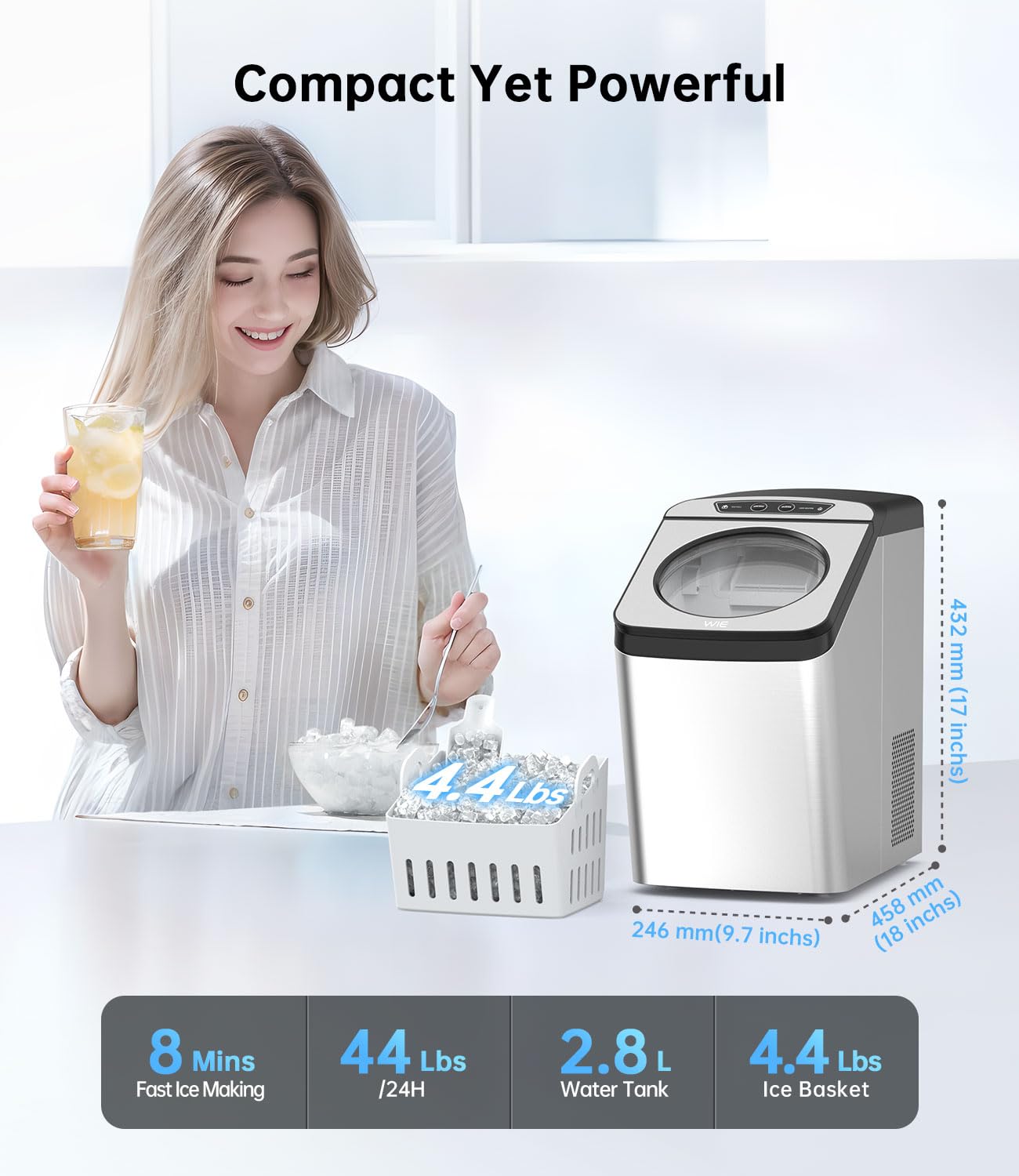 WIE Nugget Ice Maker Countertop, 44 lbs in 24 Hours, Pellet Ice Maker Machine with Self-Cleaning, Scoop & Basket Included, Crushed Pebble Ice Makers for Home, Office, Kitchen, Party