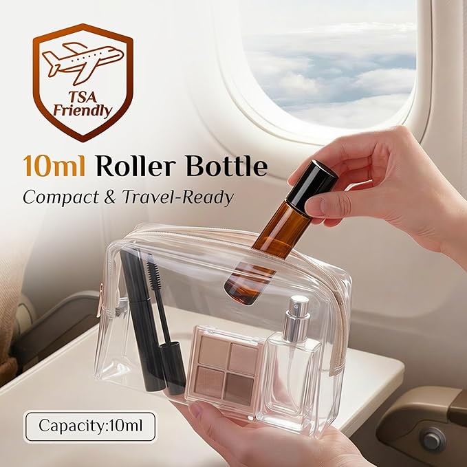 PrettyCare 4 Pack 10 ml Amber Glass Roller Bottles for Essential Oil with Stainless Steel Roller Ball - Refillable Leak-proof Empty Roll on Bottles with Black Caps for Travel, Perfume,Lab