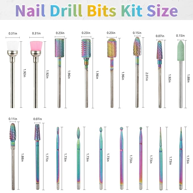 BQAN Nail Drill Bits, 17Pcs Tungsten Carbide Drill Bit Set, Professional 3/32'' Nail Bits For Nail Drill Efile, Acrylic Nails, Manicure Pedicure, Home Salon Nail Art Supplies
