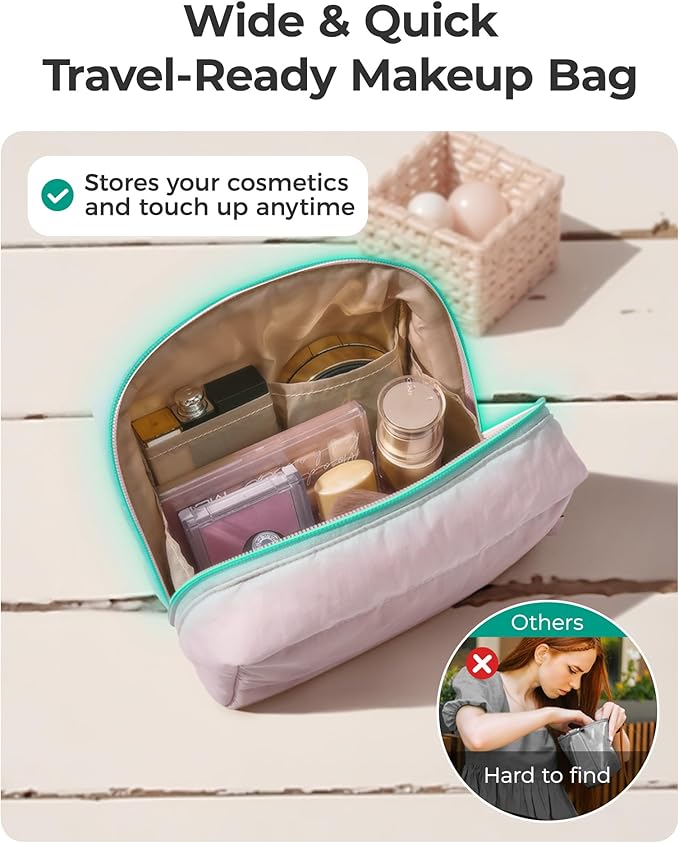 BAGSMART Cute Puffy Makeup Bag, Wide Opening Cosmetic Bag Compact & Spacious, Water-Resistant Travel Organizer Pouches for Women (Baby Blue)