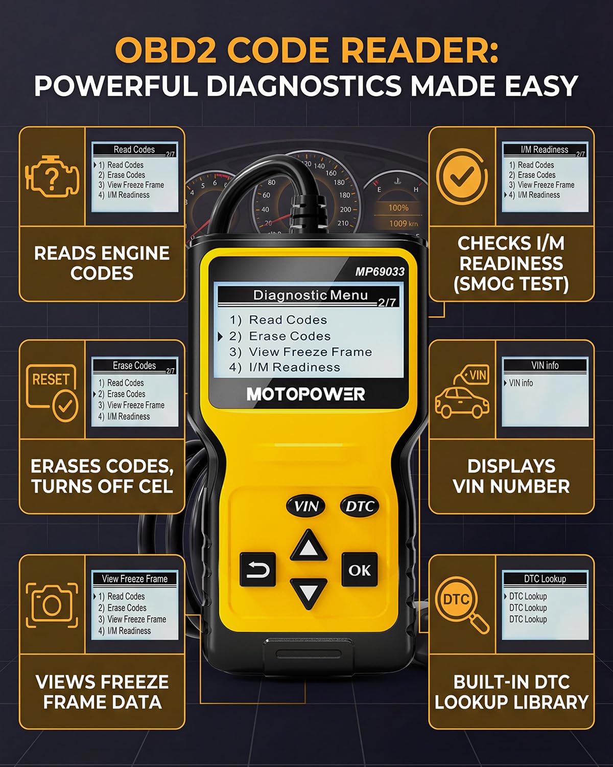 MOTOPOWER MP69033 Car OBD2 Scanner Code Reader Engine Fault Scanner CAN Diagnostic Scan Tool for All OBD II Protocol Cars Since 1996, Yellow