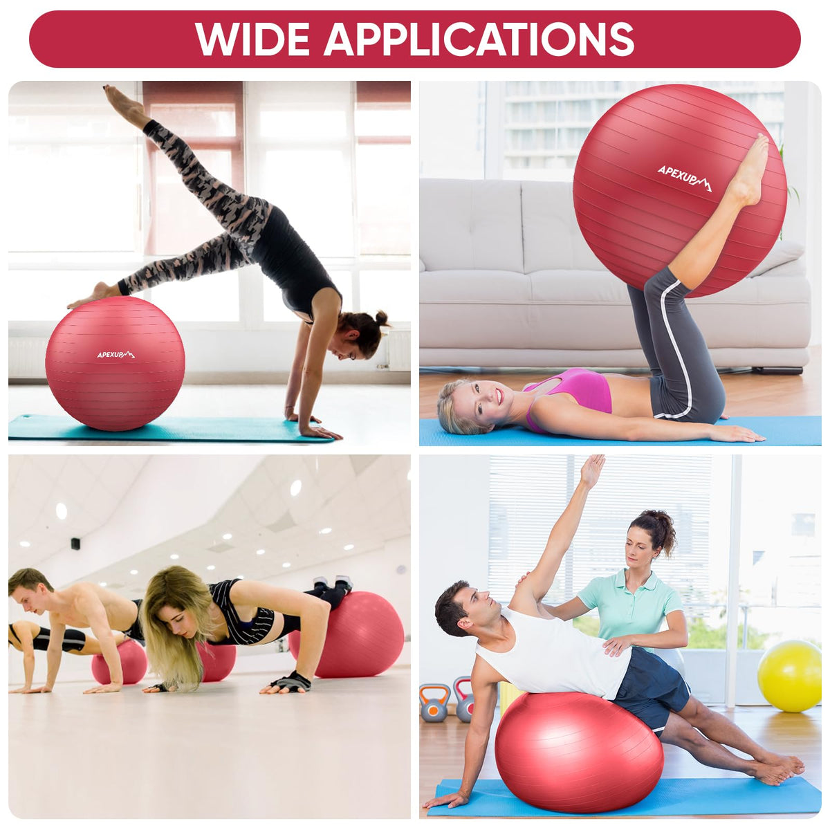 APEXUP Yoga Ball, 660 lbs Anti-Burst Exercise Ball with Pump, 5 Sizes (XXL(31"~34") 85cm, Red)