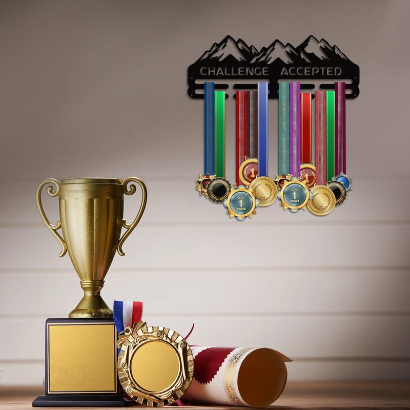 PH PandaHall Mountain Medal Hangers Wall Mounted Challenge Accepted Medal Rack Display Metal Triathlon Running Sport Challenge Awards Hanging Holder for Over 50 Competition Medal Necklace Jewelry