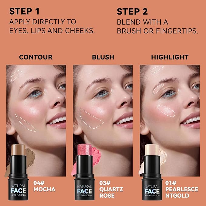 3Pcs Cream Contour Stick Makeup Kit, Shades with Highlighter, Blush and Bronzer Contour Stick for Sculpt the Cheeks, Long Lasting, Waterproof, Matte & Dewy Finish (LIGHT)