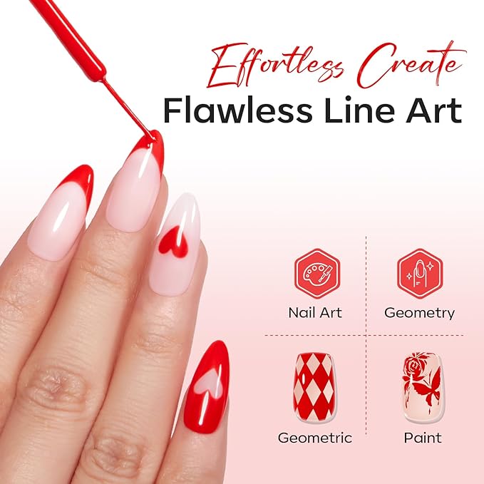modelones Red French Tip Liner Gel Polish, 15 ML Bright Apple Red Valentine's Day Nail Art Paint Swirl with Ultra Fine Line Brush Soak Off U V DIY Home Salon Professional Manicure Gift for Women