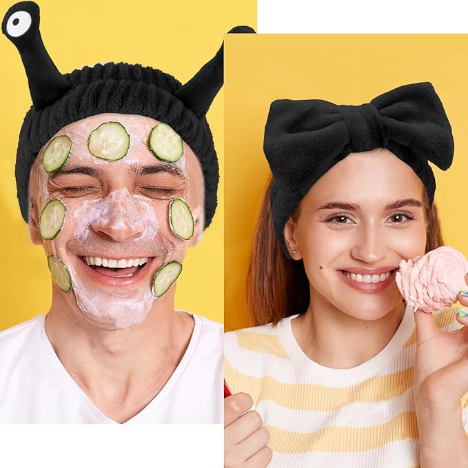 Spa Headband and Wristband Set Skincare Headband Makeup Headband Bowknot Snail Headbands Wrist Bands for Washing Face Cute Animal Face Wash Headband for Women Girls (Black)