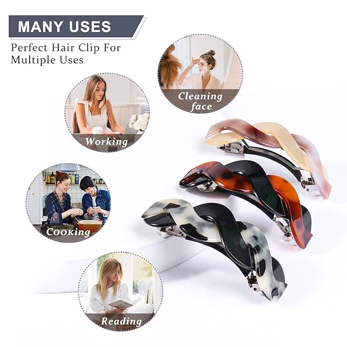 Hair Clips (3 Count) - Large Hair Barrettes for Thick Hair - 3pcs Elegant French Barrettes Retro Hair Accessories for Women Daily Wear