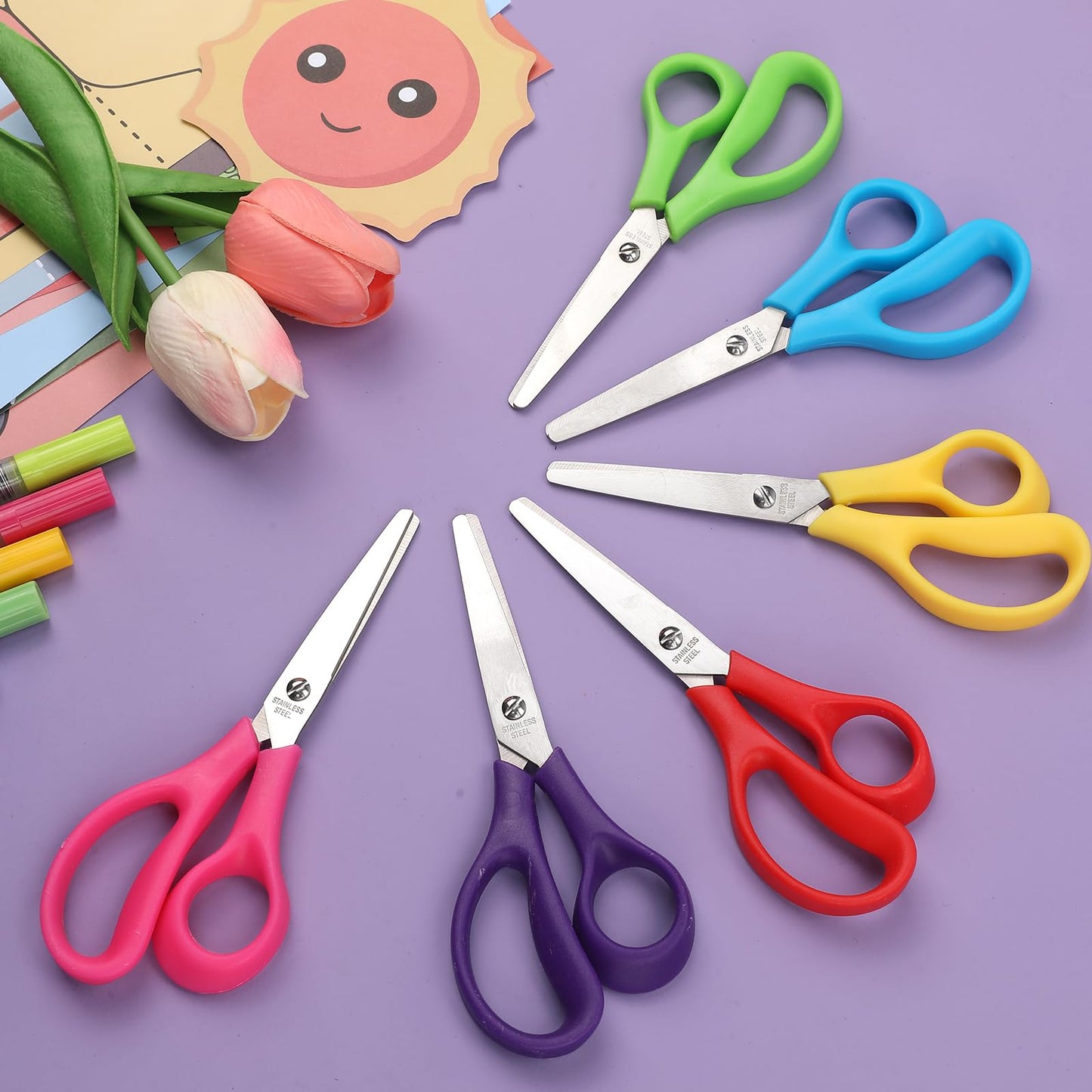 BURVAGY 24Pack 5.5" Safety Small School Kids Student Round Blunt Tip Craft Scissors Bulk, Stainless Steel Blades Comfort Grip Scissors for Kid Children Kindergarten Cutting Paper