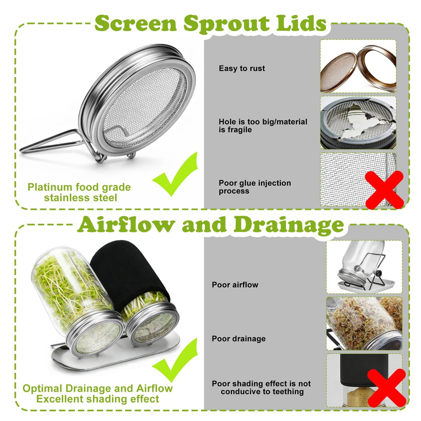 Palksky Sprouting Kit with Stainless Steel Screen Sprouting Lids & Glass Mason Jars & Light-Blocking Sleeves, 2Pack Premium Reusable Sprouts Growing Kit for Organic Broccoli Alfalfa Seeds Bean Sprouts