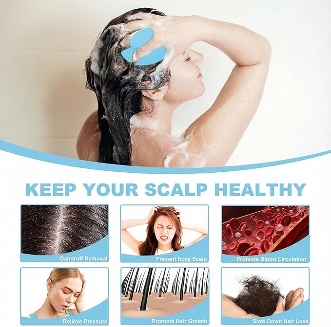 Silicone Scalp Massager Shampoo Brush, Scalp Brush for Hair Growth & Dandruff Removal, Hair Scrubber Scalp Stimulator Exfoliator Brush with Soft Bristles for Wet Dry Scalp Care (Light Blue)