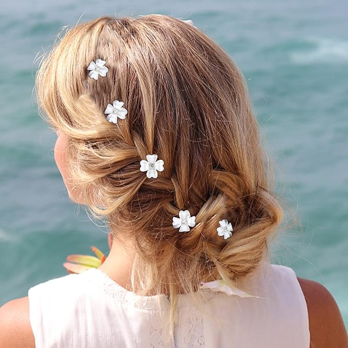 YISSION 20Pcs Mini White Flower Hair Clips with Rhinestone Cute Hair Pins Decorative Hair Clips Wedding Hair Barrettes Bridal Hair Accessories for Girls Women